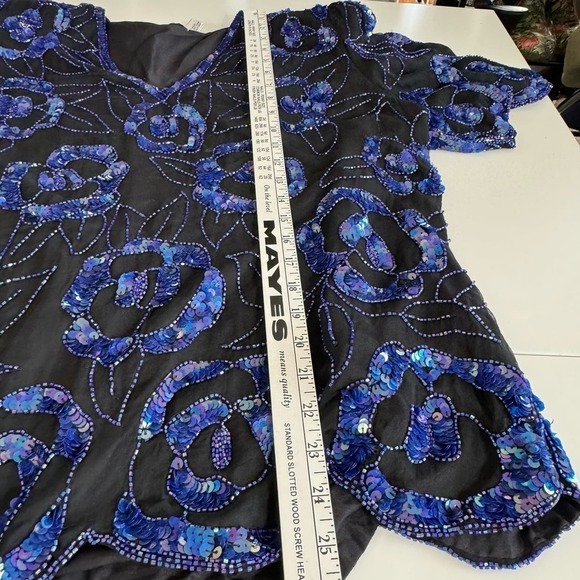 Vintage Sequined Top 100% Silk Blouse Glam Laurence Kazar Black Blue‎ Size 1X - Picture 8 of 11